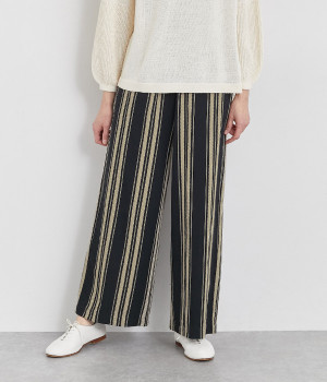 コットンリネンドビーストライプワイドパンツ(ブラック-ONESIZE)