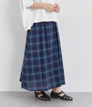 コットンダンガリーチェックギャザースカート(ネイビー-ONESIZE)
