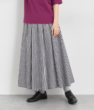コットンベーシックギンガムブロードフレアーギャザースカート(ホワイト×ブラックギンガム-ONESIZE)
