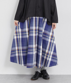コットンフレアビックチェックギャザースカート(ネイビー-ONESIZE)