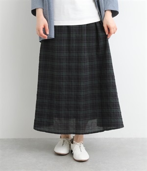 シャーリングタータンギャザースカート(ネイビーグリーン系-ONESIZE)