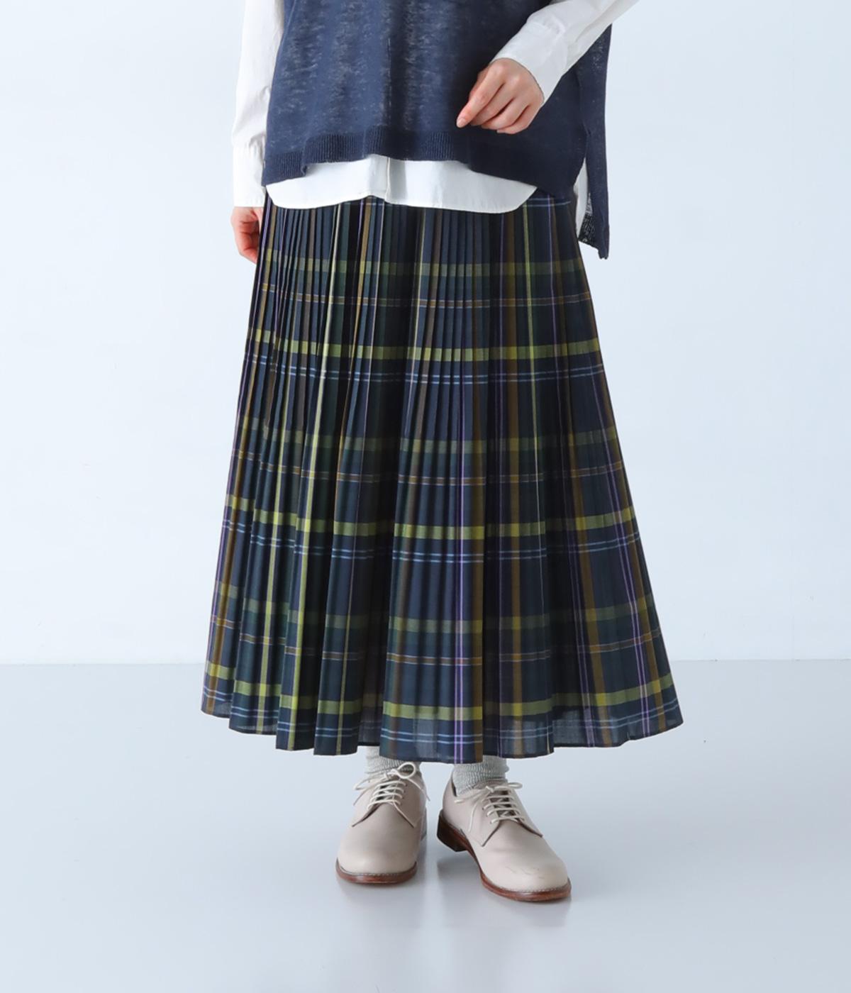 ビッグチェック　プリーツスカート(ネイビー-F)