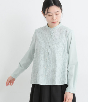 コットンローンフラワーストライプ刺繍スタンドカラーAラインブラウス(ミントブルー-ONESIZE)
