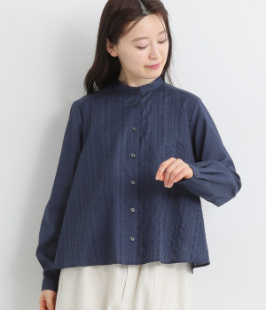 コットンローンフラワーストライプ刺繍スタンドカラーAラインブラウス(ネイビー-ONESIZE)