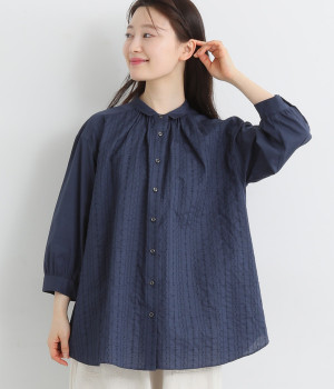 コットンローンフラワーストライプ刺繍ちび襟ギャザーチュニックブラウス(ネイビー-ONESIZE)