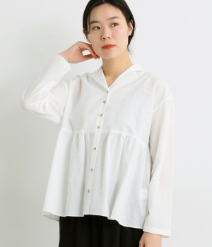 コットンローン東炊き開襟ペプラム切替ブラウス(オフホワイト-ONESIZE)
