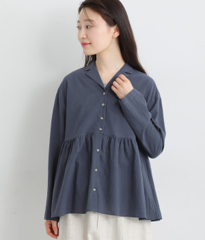 コットンローン東炊き開襟ペプラム切替ブラウス(ダークネイビー-ONESIZE)
