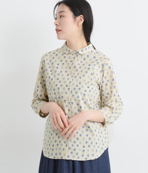 コットンリネンシーチング花小紋7分袖フラット風丸襟レギュラーシャツ(キナリ-ONESIZE)