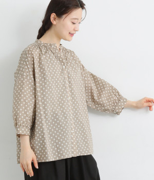 コットンローンミラクルウェーブドット7分袖スキッパーブラウス(ベージュ-ONESIZE)