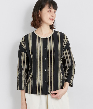 コットンリネンドビーストライプ8分袖ブラウス(ブラック-ONESIZE)
