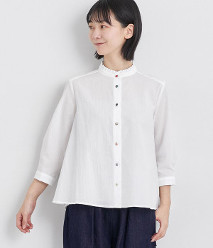 リバティアソートくるみ釦スタンドフリル7分袖Aラインブラウス(オフホワイト-ONESIZE)