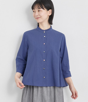 リバティアソートくるみ釦スタンドフリル7分袖Aラインブラウス(ブルー-ONESIZE)