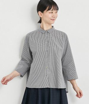 リバティアソートくるみ釦7分袖前後差フレアシャツ(ギンガム-ONESIZE)