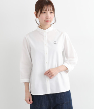 コットンレーヨンポイント刺繍7分袖スタンドカラーレギュラーシャツ(オフホワイト-ONESIZE)
