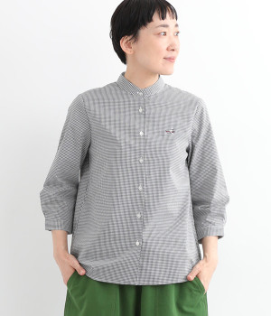 コットンレーヨンポイント刺繍7分袖スタンドカラーレギュラーシャツ(ギンガム-ONESIZE)