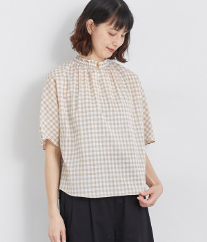 シャーリングギンガム5分袖ハーフスリーブブラウス(ベージュ-ONESIZE)