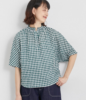 シャーリングギンガム5分袖ハーフスリーブブラウス(グリーン-ONESIZE)