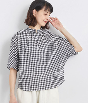 シャーリングギンガム5分袖ハーフスリーブブラウス(ブラック-ONESIZE)