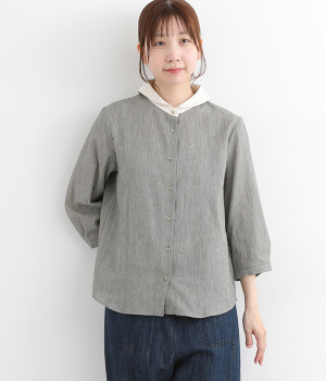 コットンダンガリーチェック台襟付き7分袖セーラーカラーシャツ(グレー-ONESIZE)