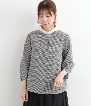 コットンダンガリーチェック台襟付き7分袖セーラーカラーシャツ(ギンガム-ONESIZE)