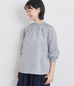 コットンローンリップルドット7分袖シャーリングプルオーバーブラウス(グレー-ONESIZE)