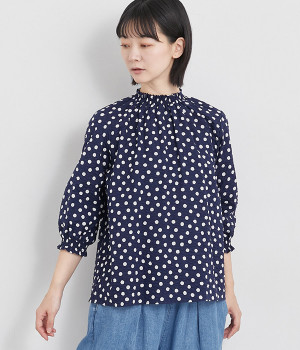 コットンローンリップルドット7分袖シャーリングプルオーバーブラウス(ネイビー-ONESIZE)