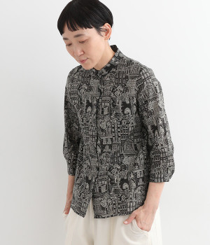 コットンローンポーランドの街スタンドカラーレギュラーシャツ(ブラック-ONESIZE)