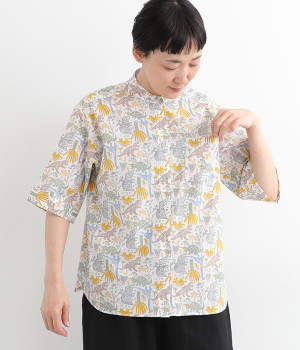 コットンローンダイナソー5分袖バンドカラードロップショルダーシャツ(イエロー×ベージュ-ONESIZE)