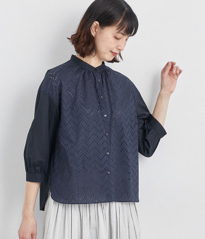 コットンローン7分袖ドロップショルダーブラウス(ネイビー-ONESIZE)