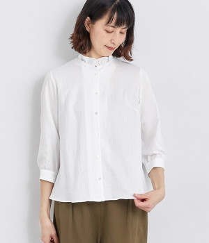 コットンダブルガーゼウルトラワッシャー7分袖フリルカラーブラウス(オフホワイト-ONESIZE)