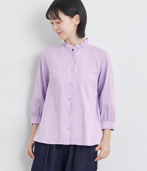 コットンダブルガーゼウルトラワッシャー7分袖フリルカラーブラウス(ラベンダー-ONESIZE)