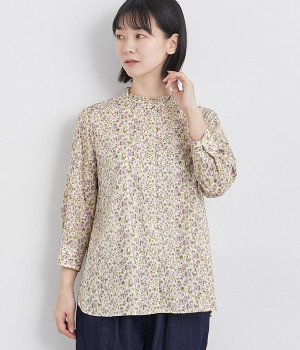 コットンローン小花7分袖スタンドフリルブラウス(ラベンダー-ONESIZE)