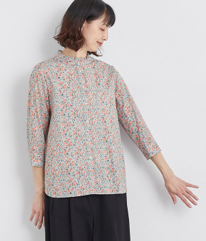 コットンローン小花7分袖スタンドフリルブラウス(ピンク-ONESIZE)