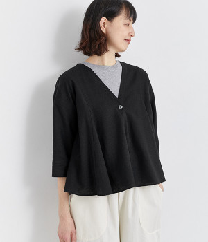 レーヨンリネンステラキャンバス7分袖ボレロブラウス(ブラック-ONESIZE)