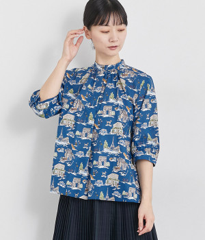 コットンローンパリの街並み5分袖ギャザーフレアショート丈プルオーバーブラウス(ブルー-ONESIZE)