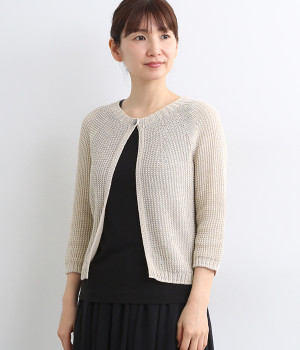 コットンストローターン7分袖ニットカーディガン(ベージュ-ONESIZE)