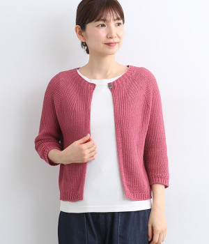 コットンストローターン7分袖ニットカーディガン(オールドローズ-ONESIZE)