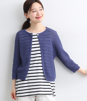 コットンストローターン7分袖ニットカーディガン(コバルトブルー-ONESIZE)