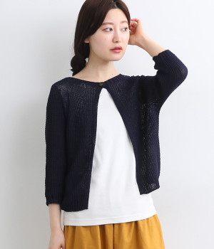 コットンストローターン7分袖ニットカーディガン(ブラックネイビー-ONESIZE)