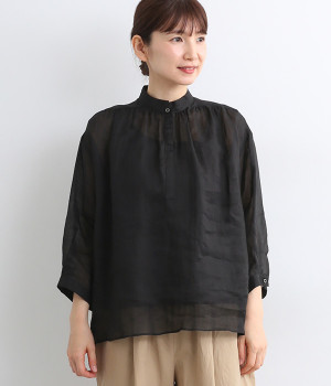 リネンピュアラミーシアクロス7分袖ダブルカラースキッパーブラウス(ブラック-ONESIZE)