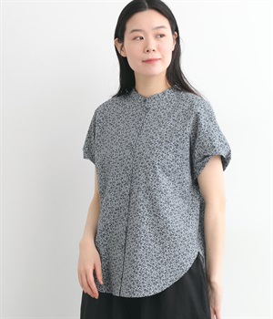 コットンミラクルウェーブツイストフレンチスリーブシャツ(ミニフラワーブルー-ONESIZE)