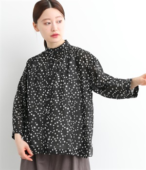 コットンローン7分袖ダブルカラーブラウス(スターブラック-ONESIZE)