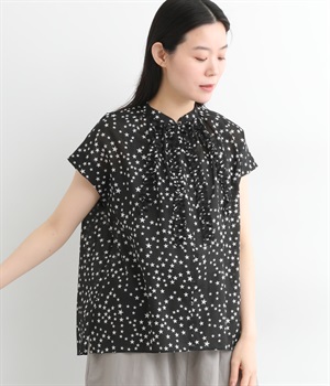 コットンローンフレンチスリーブフリルラインブラウス(スターブラック-ONESIZE)