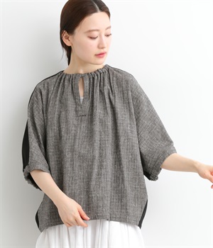 コットンリネンネップチェック5分袖ドルマンワイドブラウス(ブラック×ブラック-ONESIZE)