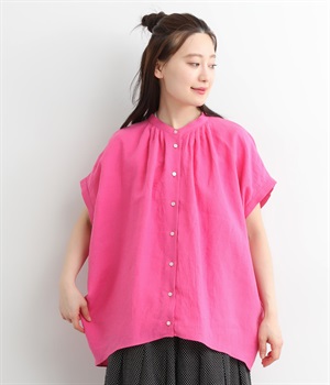 リネンラミー東炊き加工襟ぐりタックフレンチスリーブブラウス(ピンク-ONESIZE)