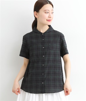 シャーリングタータン台襟付き半袖セーラーカラーシャツ(ネイビーグリーン系-ONESIZE)