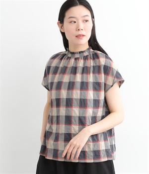 シャーリングチェック半袖プルオーバーブラウス(ベージュ・レッド系-ONESIZE)
