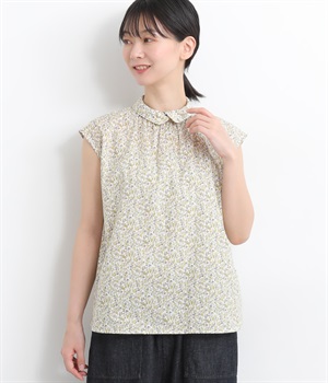 コットンローン鳥と木の実フレンチスリーブ重ね襟プルオーバーブラウス(ライトグリーン-ONESIZE)