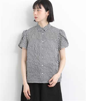 コットンクリンクルローンチューリップスリーブシャツカラー(ギンガム-ONESIZE)