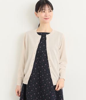 コットンリバティくるみ釦7分袖ベーシックカーディガン(ベージュ-ONESIZE)